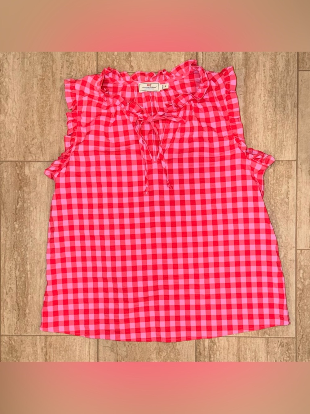 Vineyard Vines Women's Performance Sleeveless Gingham Ruffled Pink Medium - Picture 10 of 10